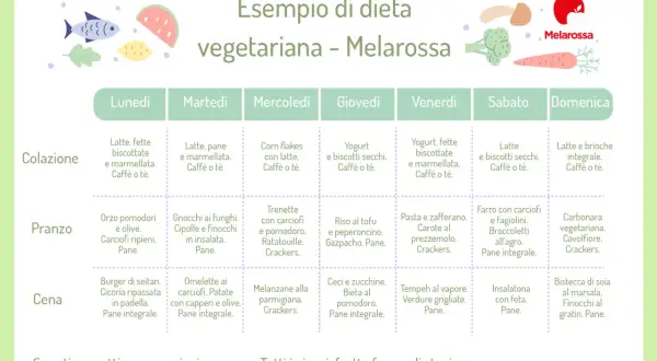 Esempio dieta vegetariana Melarossa per perdere 5 kg in una settimana. Piano settimanale con colazione, pranzo e cena.
