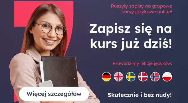Uśmiechnięta kobieta zaprasza na kurs duńskiego. Zapisz się już dziś na skuteczne lekcje online!
