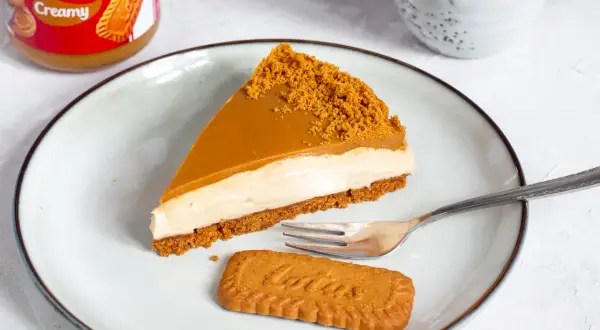 Ein Stück cremiger Biscoff Cheesecake mit Karamell und Keksbröseln. Perfekt für Ihr nächstes Biscoff Cheesecake Rezept!