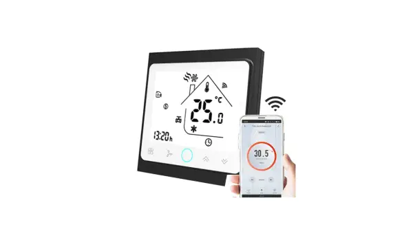 Thermostat intelligent notice thermostat Tuya, affichant 25.0°C et connecté à un smartphone.
