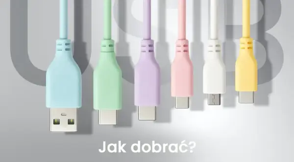 Kolorowe kable USB prezentują różne rodzaje końcówek kabli, od klasycznych po nowoczesne USB-C.