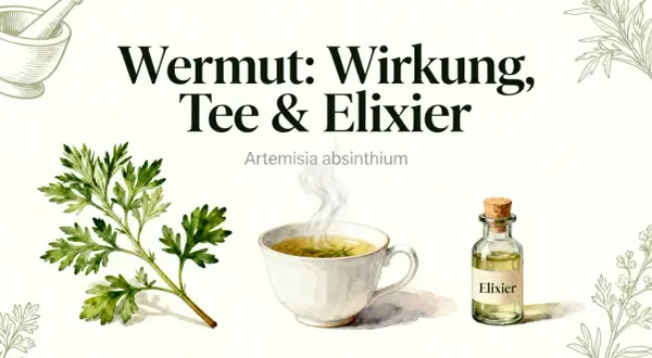 Wermut: Wirkung, Tee & Elixier. Eine Wermut Pflanze neben einer dampfenden Tasse Tee und einem Elixier.
