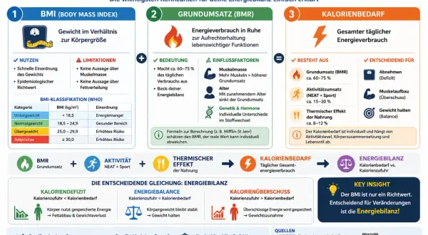 Die Grafik erklärt, was Kalorien sind und wie sie sich auf den Kalorienbedarf auswirken. Sie zeigt, dass Kalorien die Energie sind, die unser Körper verbraucht.
