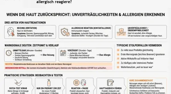 Haut reagiert? Reizung, Allergie oder Überempfindlichkeit erkennen. Bei Verdacht auf eine Polyester-Allergie oder andere Hautreaktionen, Produkte testen & Haut beobachten.