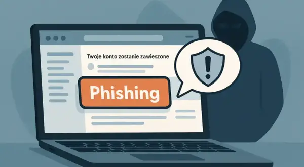 Uważaj na **niebezpieczeństwa w internecie**! Na ekranie laptopa komunikat "Twoje konto zostanie zawieszone" i przycisk "Phishing". W tle sylwetka hakera.