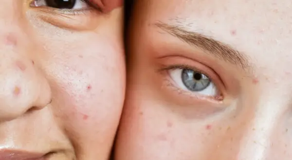 Visages de deux personnes montrant des imperfections cutanées, possiblement des maladies de peau dues au stress.