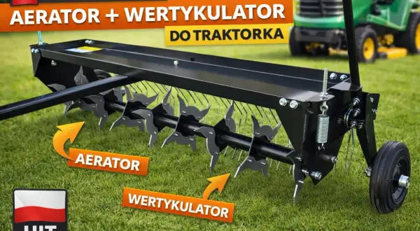 Aerator rurkowy do traktorka, polski producent. Dwa narzędzia w jednym: aerator i wertykulator do pielęgnacji trawnika.