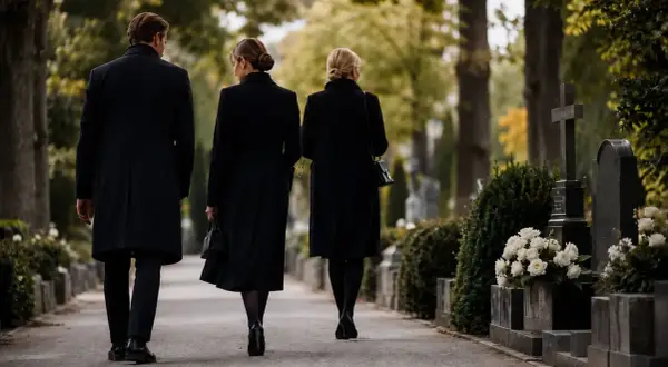 Trzy osoby w czarnych płaszczach idą cmentarzem. Wskazówka, jak się ubrać na pogrzeb: elegancja i powaga.