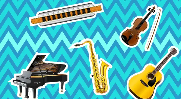 Harmonika, ein einfaches Blasinstrument, neben Saxophon, Geige, Gitarre und Flügel.