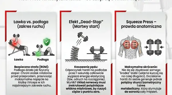 Porównanie ćwiczeń na dol klatki piersiowej: floor press vs. ławka. Grafika pokazuje zakres ruchu, efekt martwego startu i anatomiczną prawdę o squeeze press.