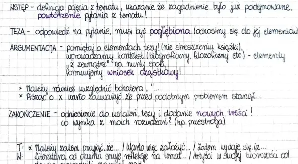 Struktura rozprawki maturalnej: wstęp, teza, argumentacja z kontekstem i wnioskami, zakończenie.