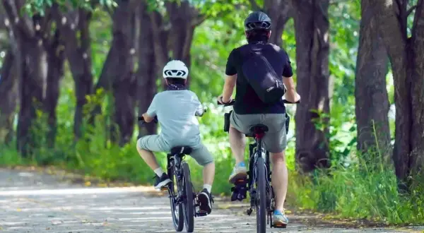 Dwie osoby na rowerach przemierzają malownicze trasy rowerowe Rzeszów, otoczone zielenią drzew.