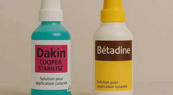 Deux flacons de produit désinfectant hopital : Dakin Cooper Stabilisé et Bétadine, solutions pour application cutanée.