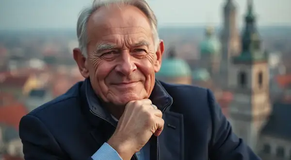 Uśmiechnięty mężczyzna z siwymi włosami, oparty podbródkiem o dłoń. W tle widać panoramę miasta. Ile lat ma Donald Tusk?