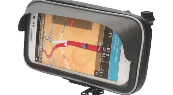 Telefon z nawigacją GPS w wodoodpornym etui na kierownicę motocykla.