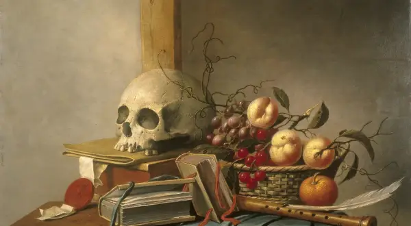 Een schedel, boeken, fruit en een fluit. Dit is een klassiek voorbeeld van wat een stilleven is: een kunstwerk dat levenloze objecten afbeeldt.