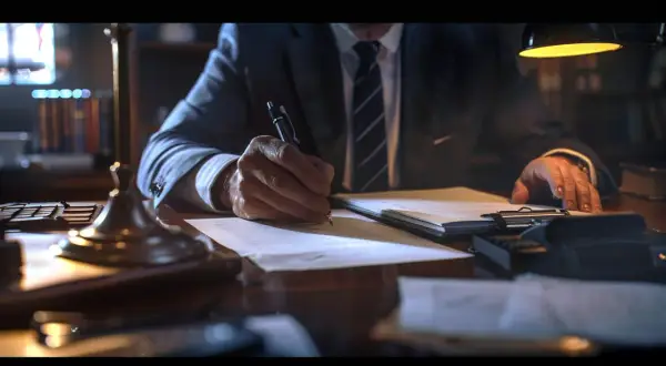 Un homme en costume signe des documents, peut-être pour un détournement de fonds et son remboursement.