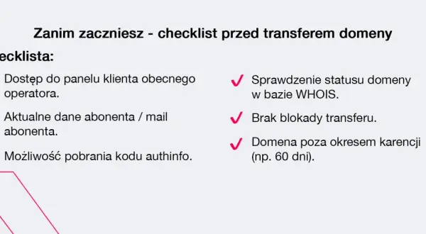 Checklista przed transferem domeny: dostęp do panelu, aktualne dane, kod authinfo, status WHOIS, brak blokady, domena poza karencją.