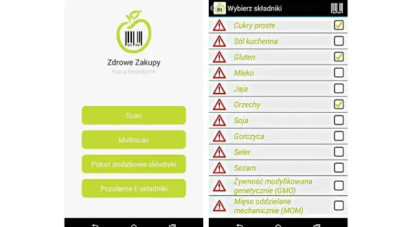 Aplikacja zdrowe zakupy pomaga świadomie wybierać produkty. Na ekranie głównym opcje skanowania, a po prawej lista składników do wyboru.