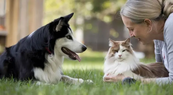 Una mujer sonríe a un gato mientras un perro, como un etólogo canino observando, yace cerca en la hierba.