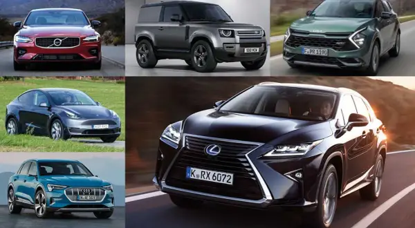 En samling bilar, inklusive Volvo, Land Rover, Kia, Tesla, Audi och Lexus, som representerar bilar med minst fel på bilprovningen.