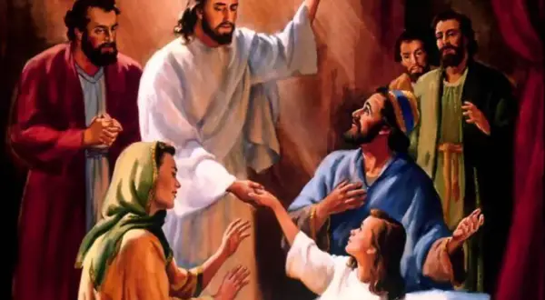 Jezus wskrzesza młodą dziewczynę, która leży na łożu. Wokół zgromadzeni są jej rodzice i inni świadkowie.