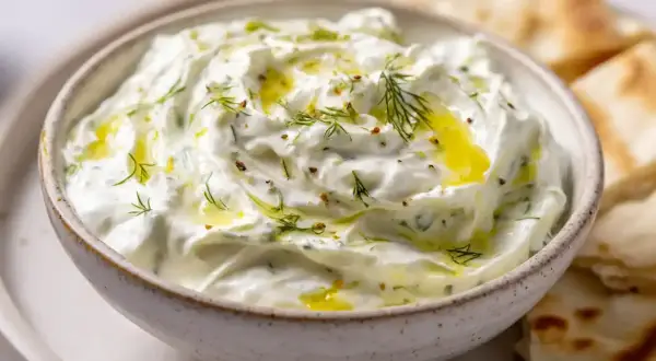 Krämig tzatziki med dill och olivolja, perfekt till pitabröd. Ett enkelt tzatziki recept att prova!