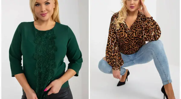 Eleganckie bluzki wieczorowe plus size: butelkowa zieleń z koronką i panterka z bufkami. Idealne na specjalne okazje.