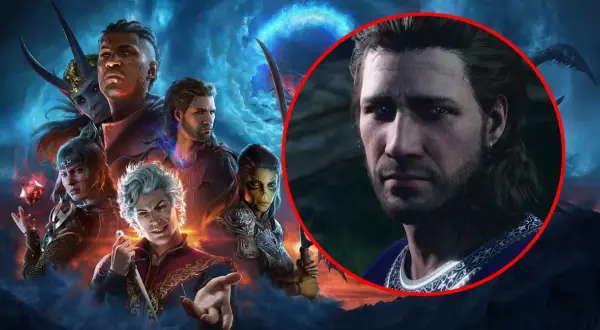 Postać z gry Baldur's Gate 3 premiera, otoczona przez innych bohaterów i mistyczną poświatę.