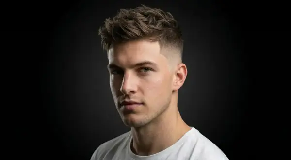 Un homme avec une coupe de cheveux texturée et un dégradé barbe à blanc, le regard intense.