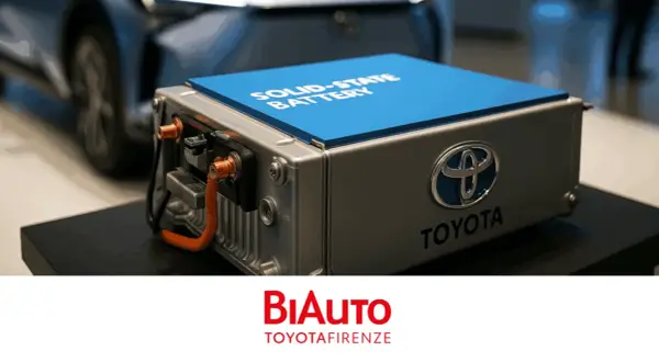 Un accumulatore allo stato solido Toyota, con logo e scritta "Solid-State Battery", pronto per rivoluzionare il futuro dell'elettrico.