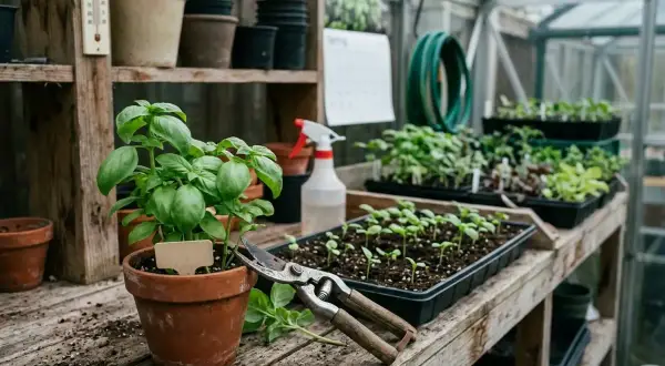 Eine üppige basilikum pflanze in einem Terrakotta-Topf steht neben einer Gartenschere auf einem Holztisch in einem Gewächshaus.