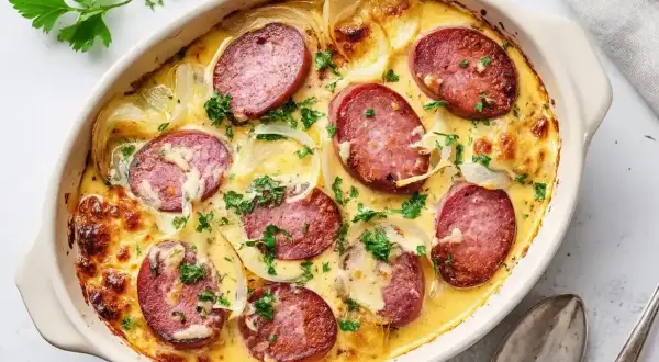 En krämig gratäng med korvskivor, lök och ost. Ett härligt korv recept som ser otroligt gott ut!