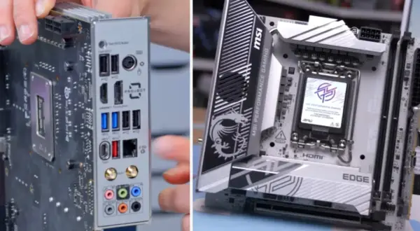 Placa base MSI con zócalo LGA 1851, lista para el futuro. Muestra el panel trasero con puertos y el frontal con disipadores.