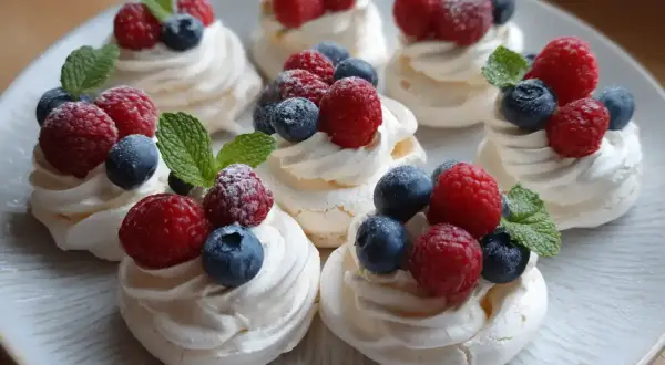Mini pavlovy z malinami i borówkami, idealne na letnie przyjęcie. Prosty pavlova przepis na pyszny deser.