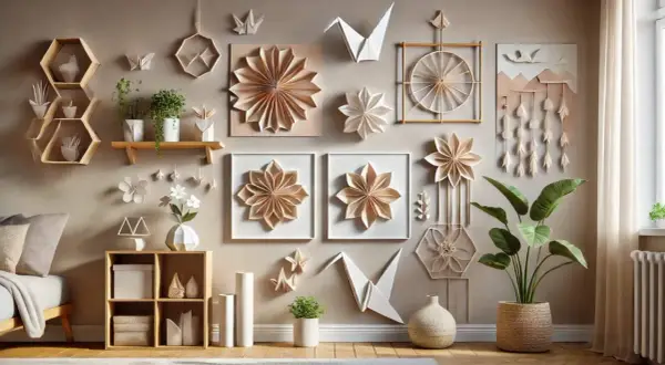 Dekoracje na ścianę w stylu origami: kwiaty, żurawie, motyle i geometryczne kształty tworzą przytulną atmosferę.