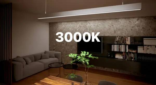 Nowoczesny salon z sofą, stołem i półkami. Ciepłe światło LED 3000K tworzy przytulną atmosferę.