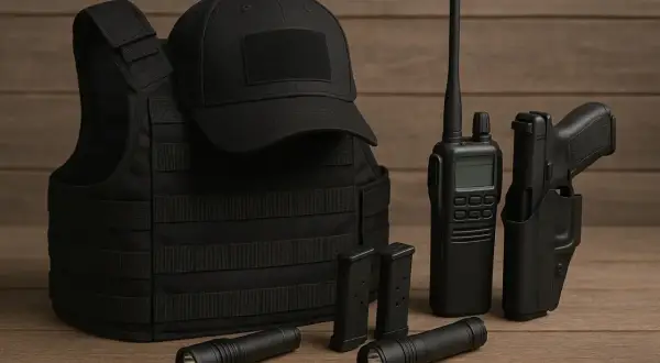 Chaleco táctico, gorra, linternas, cargadores, radio y pistola en funda. Equipo de seguridad **Miltec** listo para la acción.
