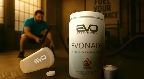 Ein Mann trainiert im Hintergrund. Im Vordergrund steht eine Dose EVONADE Protein, die zeigt, wie hilft proteinpulver beim abnehmen.