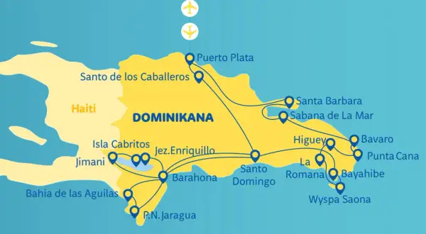 Mapa Dominikany z zaznaczonymi trasami podróży i lotniskami.