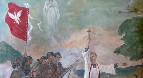 Żołnierze z biało-czerwoną flagą i kapłan z krzyżem, nad nimi Matka Boska. Obraz nawiązuje do cudu nad Wisłą, Maryja wspiera walczących.