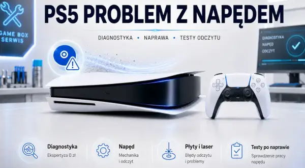 Konsola PS5 z kontrolerem, obok ikona płyty z wykrzyknikiem. Reklama serwisu PS5 problem z napędem, jak włożyć płytę do PS5.