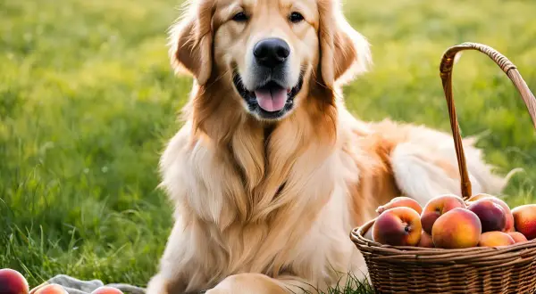 Goldener Retriever genießt ein Picknick mit Nektarinen und Pfirsichen im Gras.