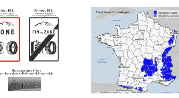 Carte des zones où le pneu neige est obligatoire en France. Panneaux signalant l'entrée et la sortie de ces zones.