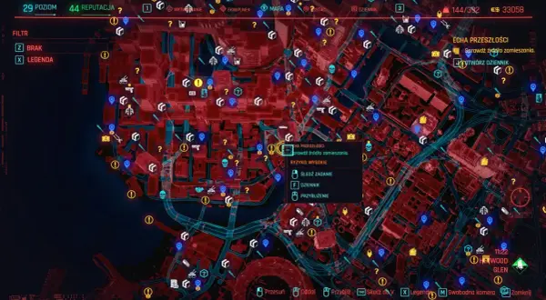 Cyberpunkowa mapa miasta z zaznaczonymi zadaniami i punktami zainteresowania. Echa przeszłości wzywają do sprawdzenia źródła zamieszania.