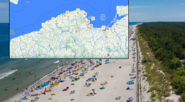 Mapa pokazuje, gdzie najcieplej nad morzem. Plaża pełna ludzi, słońce i fale.