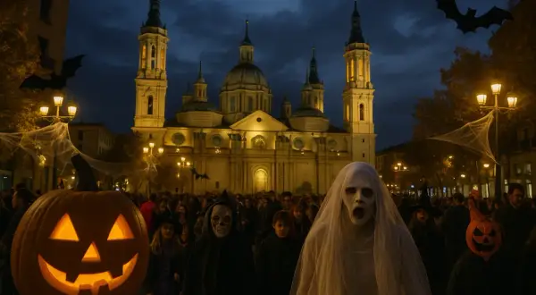 Gente disfrazada de fantasmas y calabazas celebra Halloween Zaragoza frente a la Basílica del Pilar iluminada. Murciélagos de cartón decoran la noche.