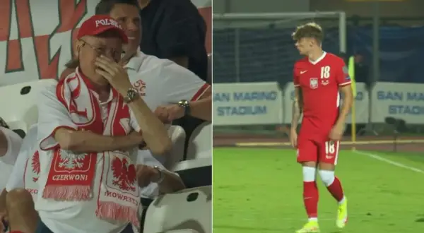 Wzruszony kibic w szaliku z orłem, tata Nicoly Zalewskiego, ogląda mecz. Obok młody piłkarz w czerwonej koszulce z numerem 18.