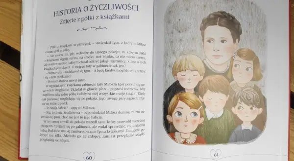 Ilustracja przedstawia grupę dzieci i dorosłego, otoczonych opowieściami o tym, co w życiu ważne.