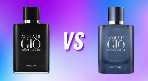 Dwa flakony Acqua di Gio Giorgio Armani: czarny Profumo i niebieski Profondo, na tle gradientu fioletowo-niebieskiego.